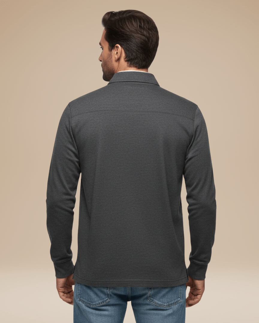 Polo elegante uomo a maniche lunghe nera, perfetta per occasioni speciali.