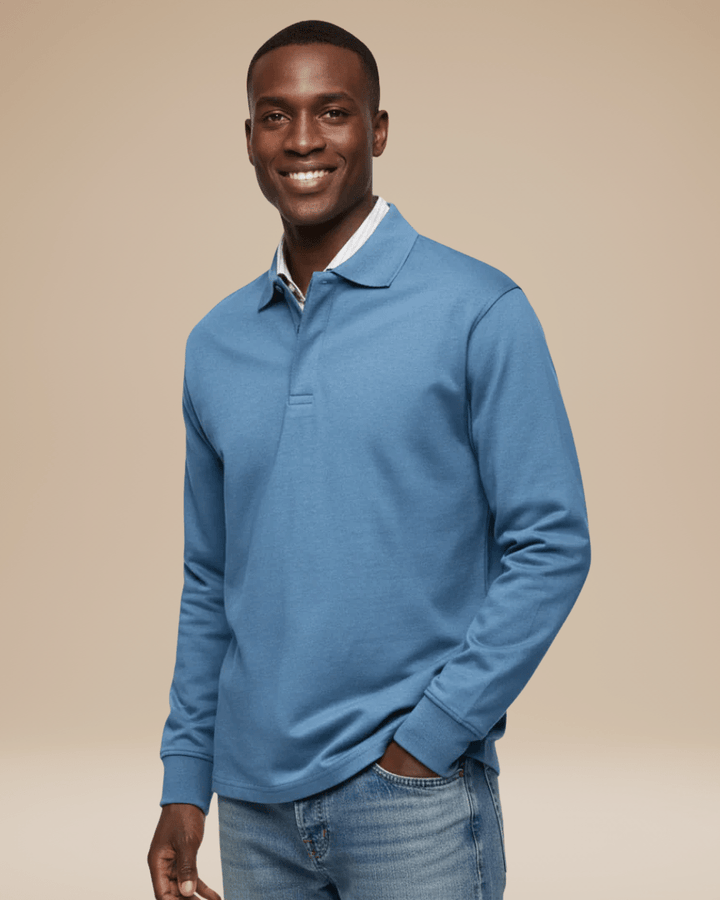 Polo uomo a maniche lunghe blu navy, stile casual elegante per primavera/autunno.