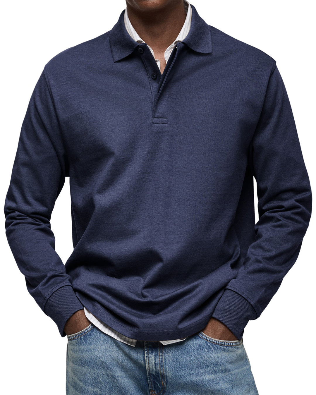 Polo casual-elegante uomo a maniche lunghe, perfetta per business casual. Abbigliamento maschile confortevole e chic.