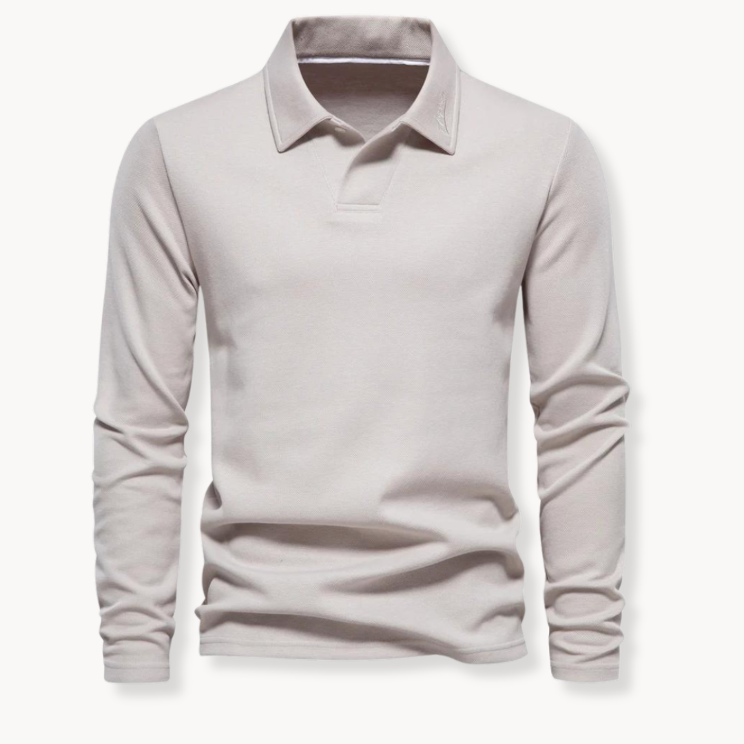 Top polo uomo a maniche lunghe con collo polo, versatile per primavera, autunno e inverno, stile classico.