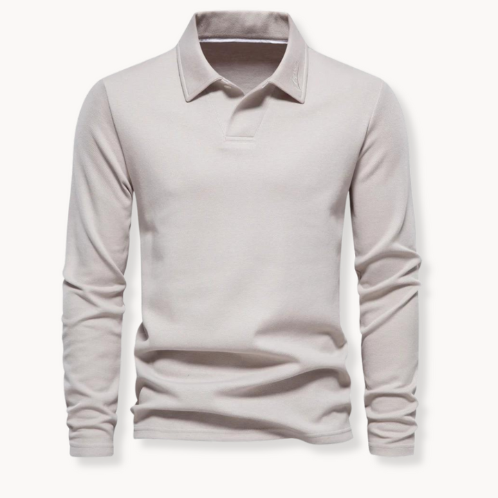 Top polo uomo a maniche lunghe con collo polo, versatile per primavera, autunno e inverno, stile classico.