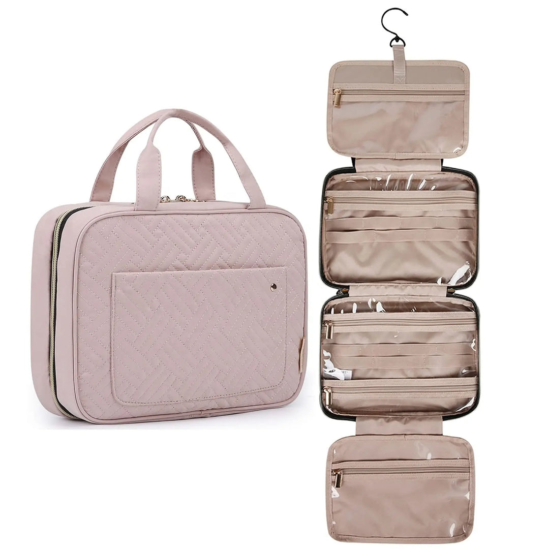 Beauty case da viaggio pieghevole per donna con scomparti, organizer trucchi e cosmetici.