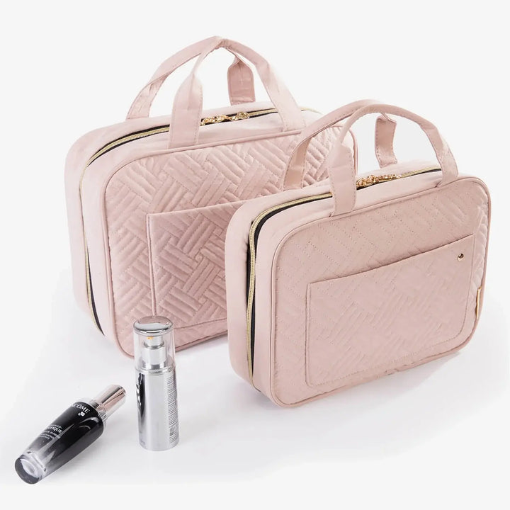 Beauty case da viaggio donna con scomparti multipli, organizer pieghevole per cosmetici.