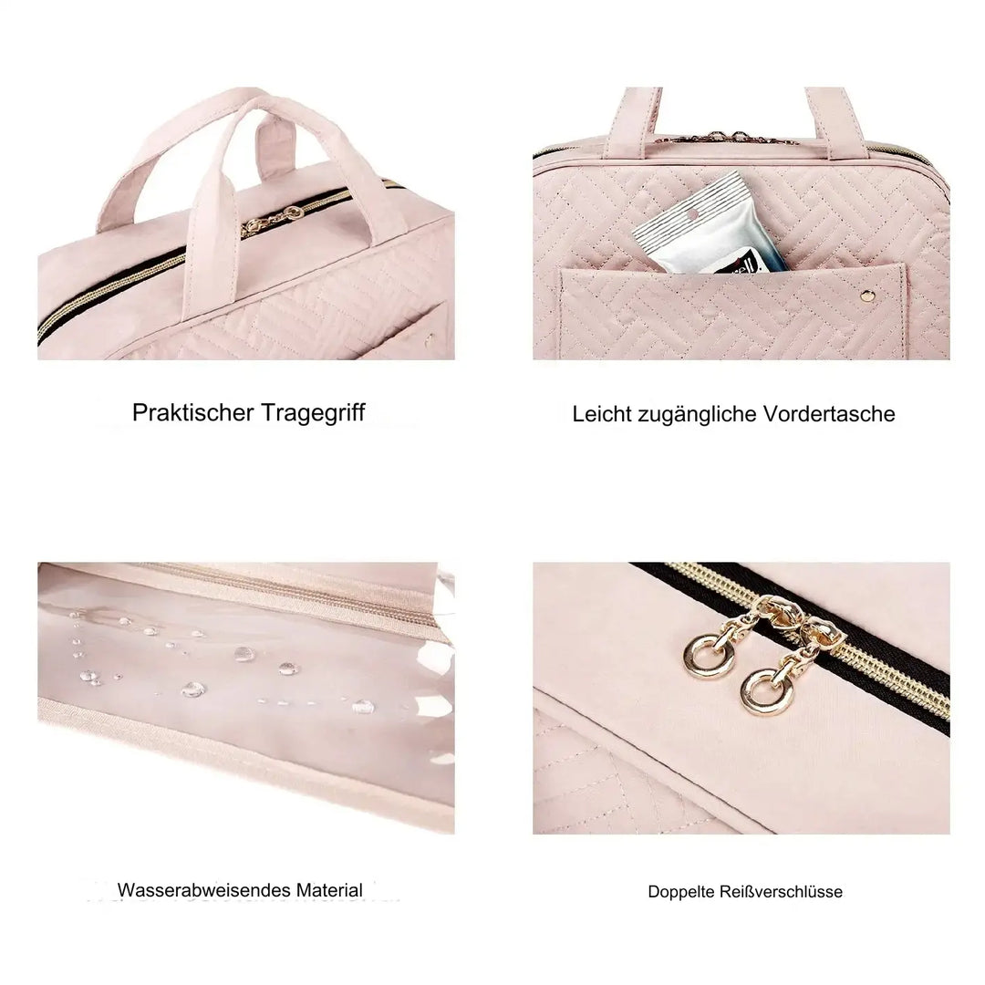 Organizer cosmetici da viaggio donna, beauty case pieghevole con scomparti per accessori.