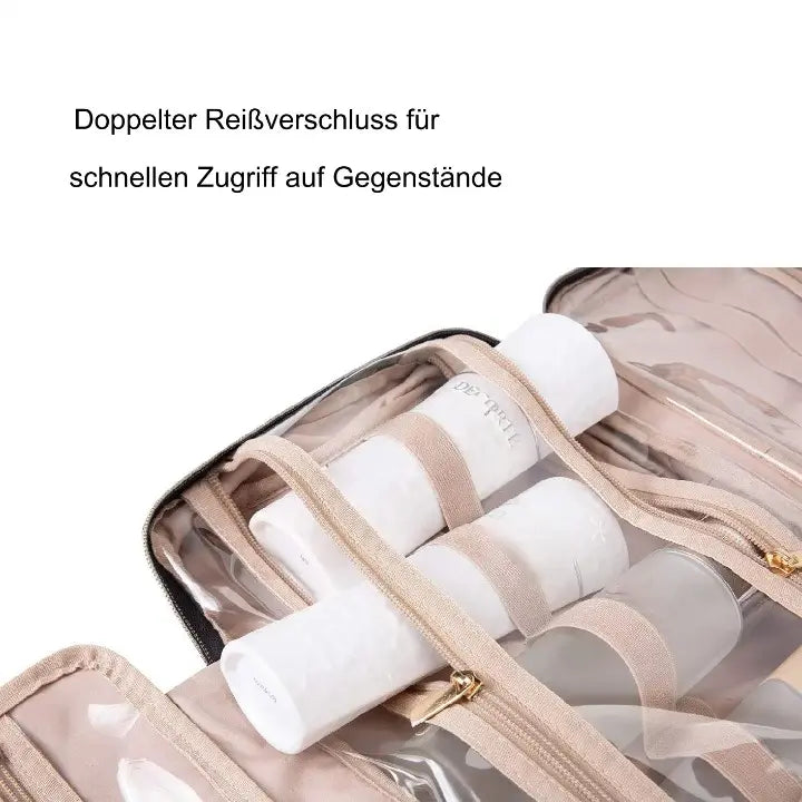 Organizer trucchi da viaggio pieghevole con scomparti per cosmetici e accessori donna.