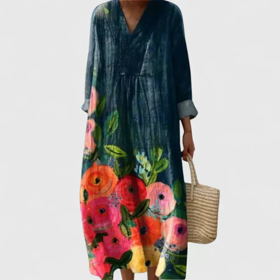 Abito lungo floreale da donna elegante per cerimonie autunnali, feste e matrimoni, vestito maxi casual chic.