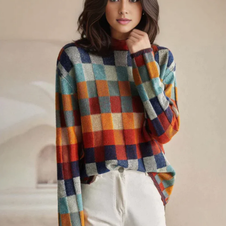 Elegante maglione donna a quadri con collo alto, ideale per un look invernale sofisticato.