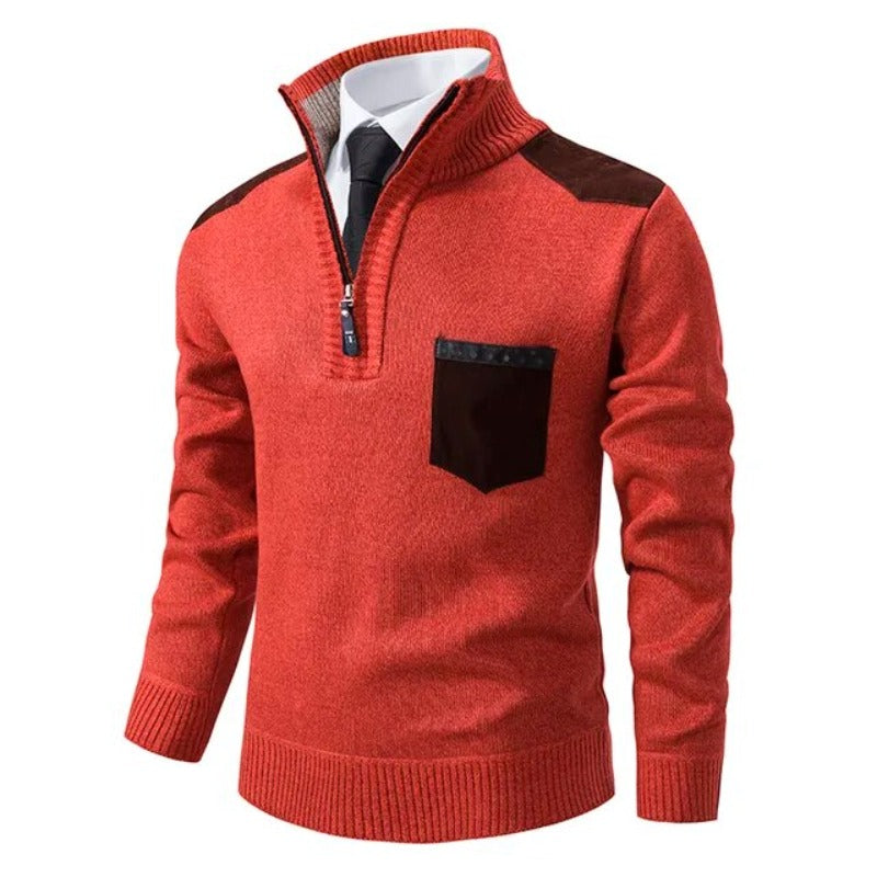 Uomo con maglione elegante autunnale a mezza zip. Morbido pullover confortevole, perfetto per la moda maschile.