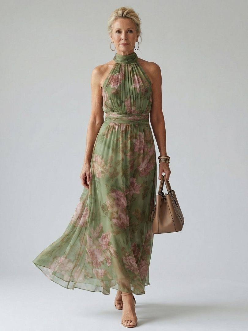 Elegante abito midi da donna verde salvia con collo halter e dettagli arricciati. Vestito estivo femminile.