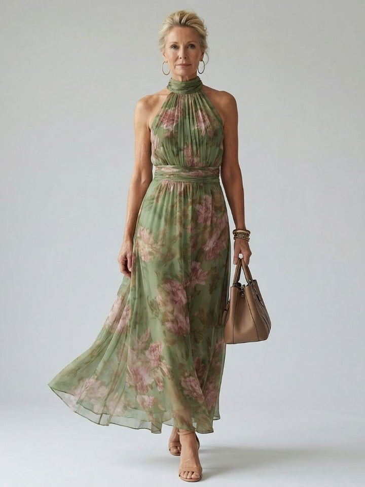 Elegante abito midi da donna verde salvia con collo halter e dettagli arricciati. Vestito estivo femminile.