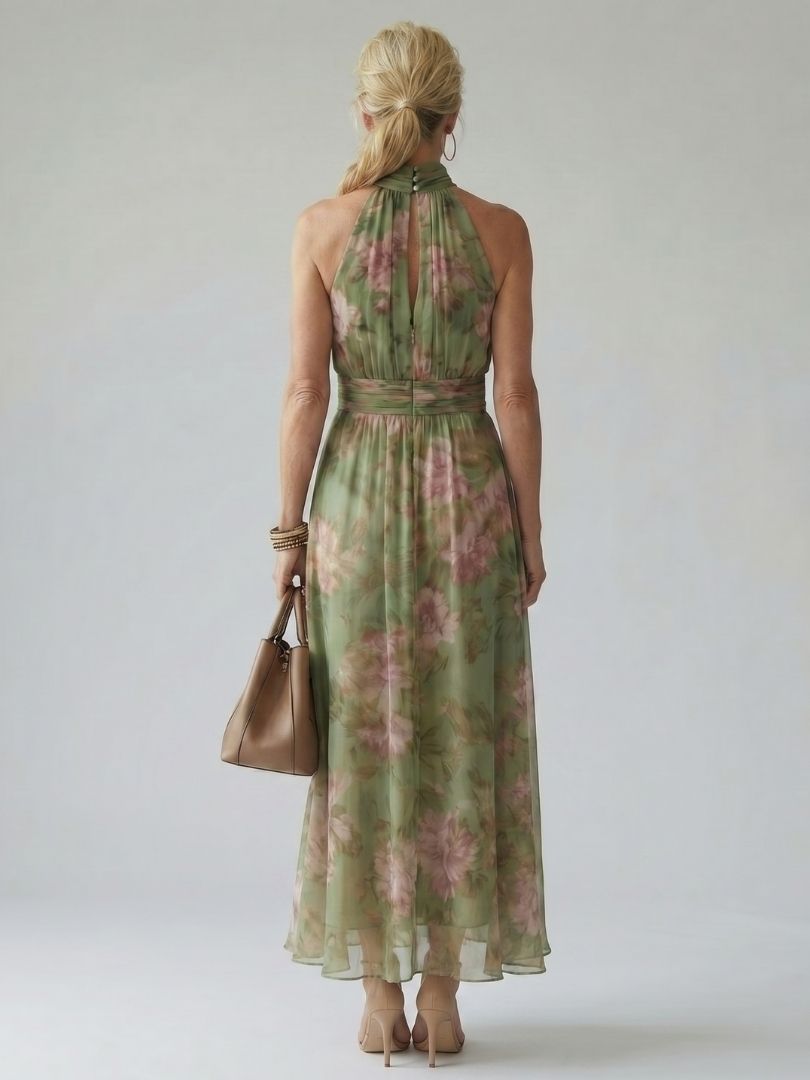 Donna che indossa un raffinato abito midi verde salvia con collo halter arricciato. Perfetto per l'estate.