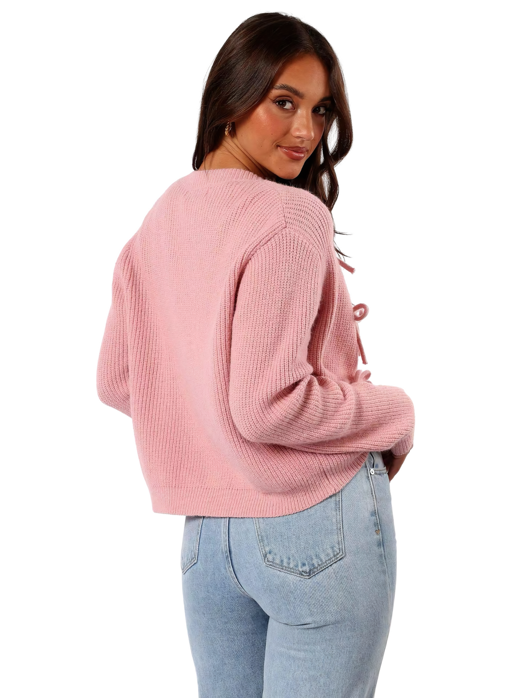 Morbido cardigan donna con laccetti, ideale per look autunnale, comodo e con apertura frontale.