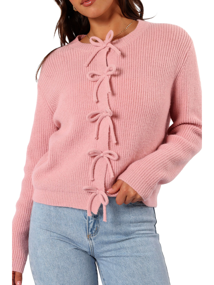 Cardigan donna con laccetti, colore crema, perfetto per sovrapposizione autunnale, elegante e casual.