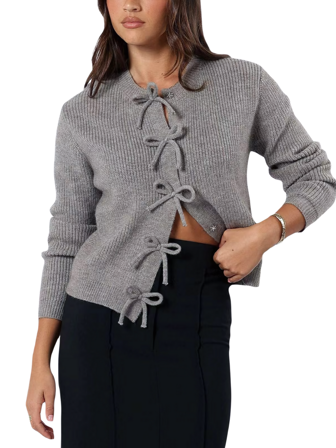 Cardigan donna autunnale in maglieria, con laccetti e apertura frontale, ideale per sovrapposizione comoda.