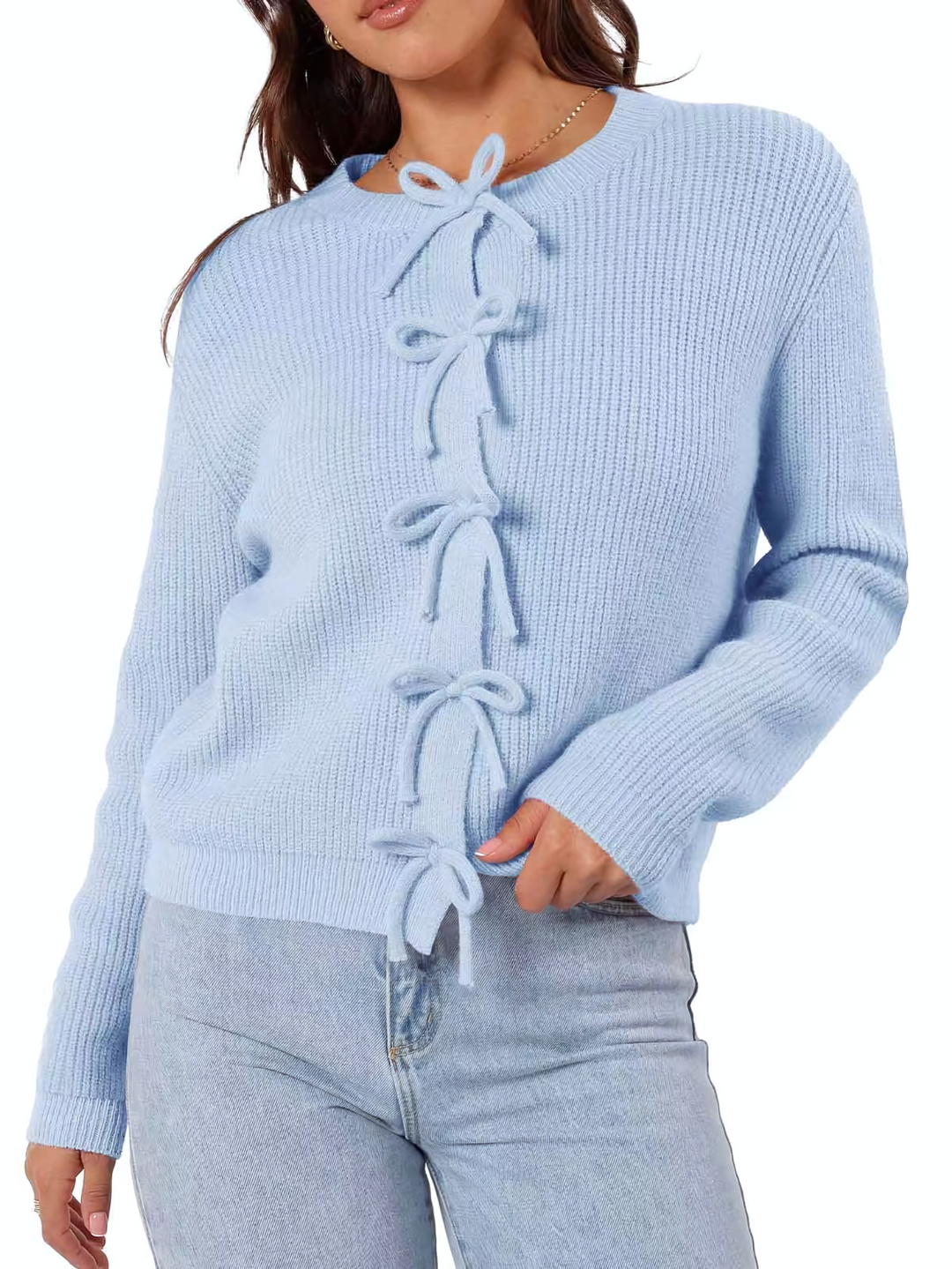 Elegante cardigan donna grigio scuro con laccetti, maglieria morbida, ottimo per la stagione autunnale.