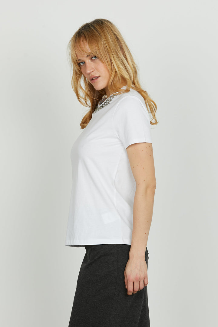 T-shirt autunnale donna maniche corte con strass, per un tocco di moda femminile versatile e un look brillante.