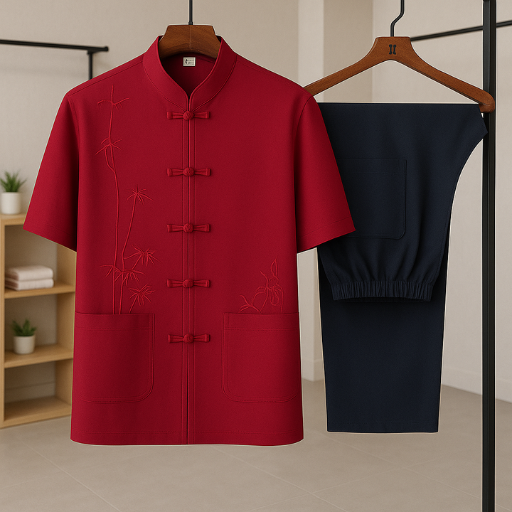 Set uomo tradizionale estivo con ricamo bambù e chiusura annodata. Completo due pezzi per un look etnico e confortevole.