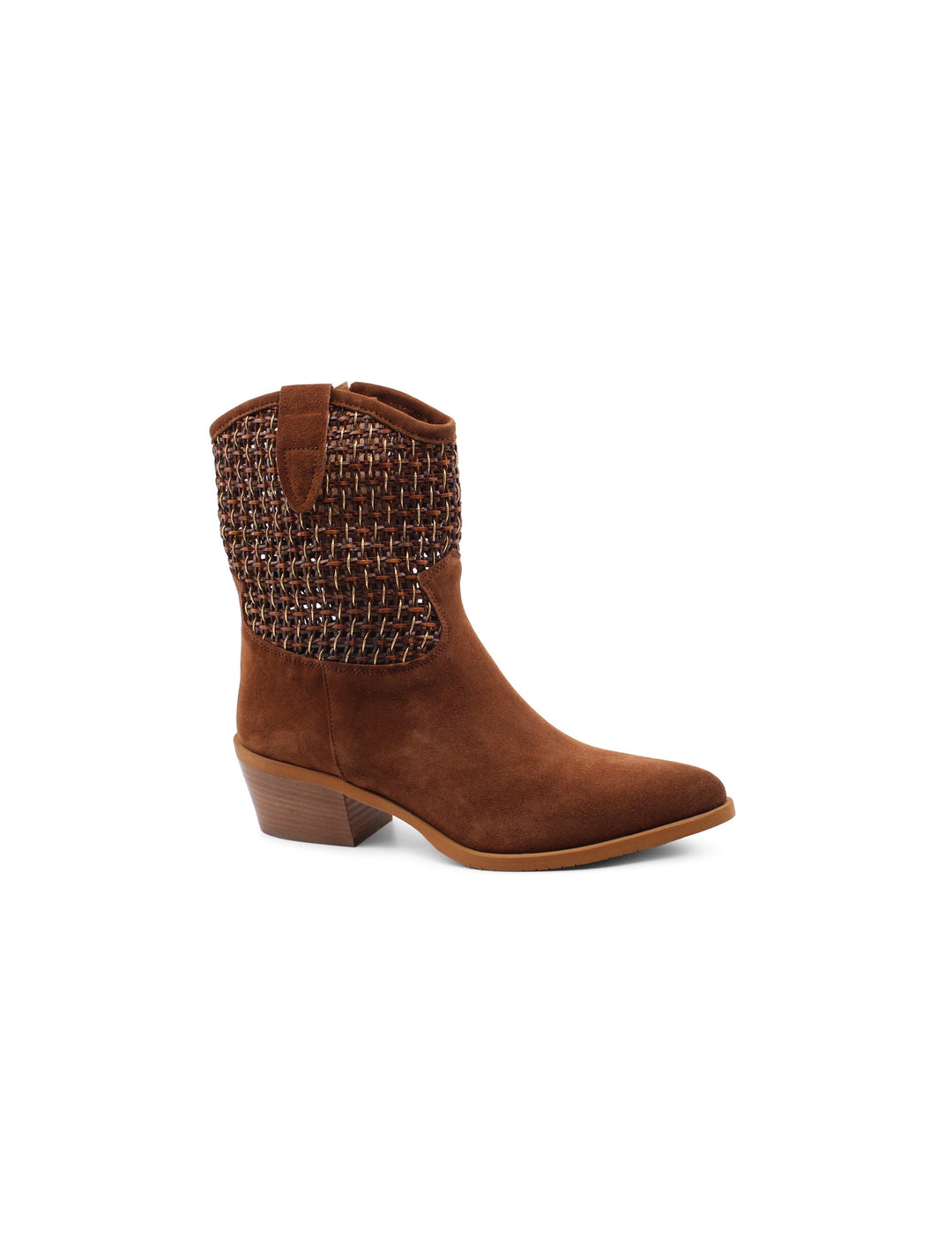 Eleganti stivaletti texani donna marroni con dettagli intrecciati, perfetti per l'inverno.