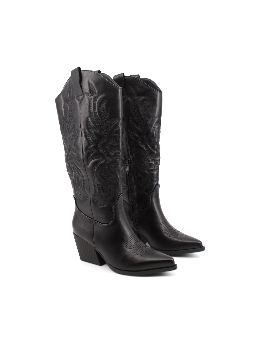 Stivali texani donna neri con ricami western dettagliati e tacco 6,5 cm. Ideali per un look di tendenza.