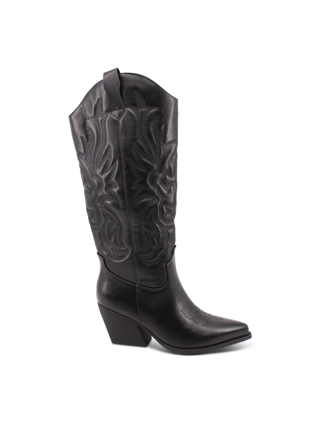 Eleganti stivali texani da donna neri, stile western. Presentano ricami floreali e pratico tacco medio.