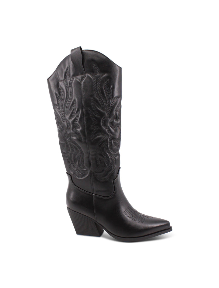 Eleganti stivali texani da donna neri, stile western. Presentano ricami floreali e pratico tacco medio.