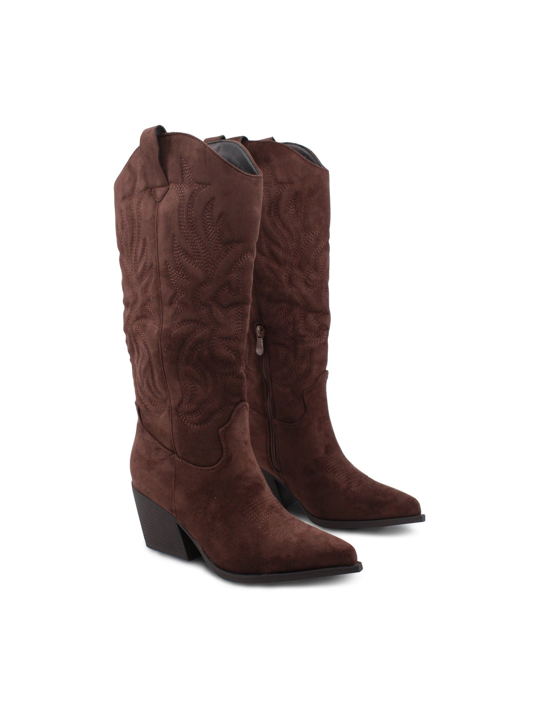 Stivali texani donna marroni scamosciati con ricami, tacco 6,5 cm. Perfetti per moda autunno inverno.