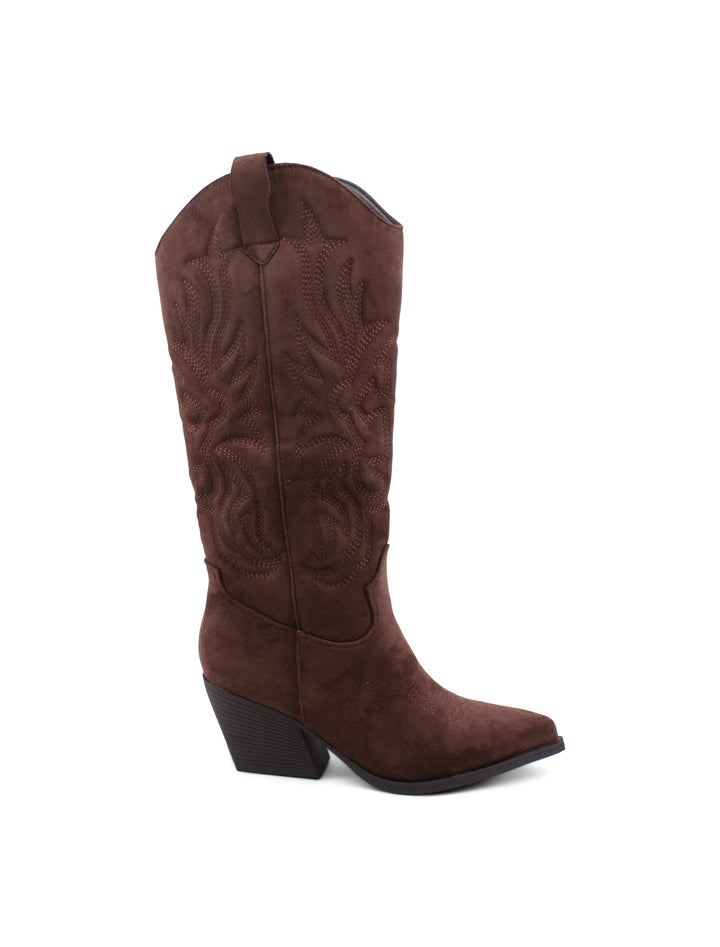 Stivali texani western da donna in pelle scamosciata marrone con dettagli ricamati e tacco comodo.