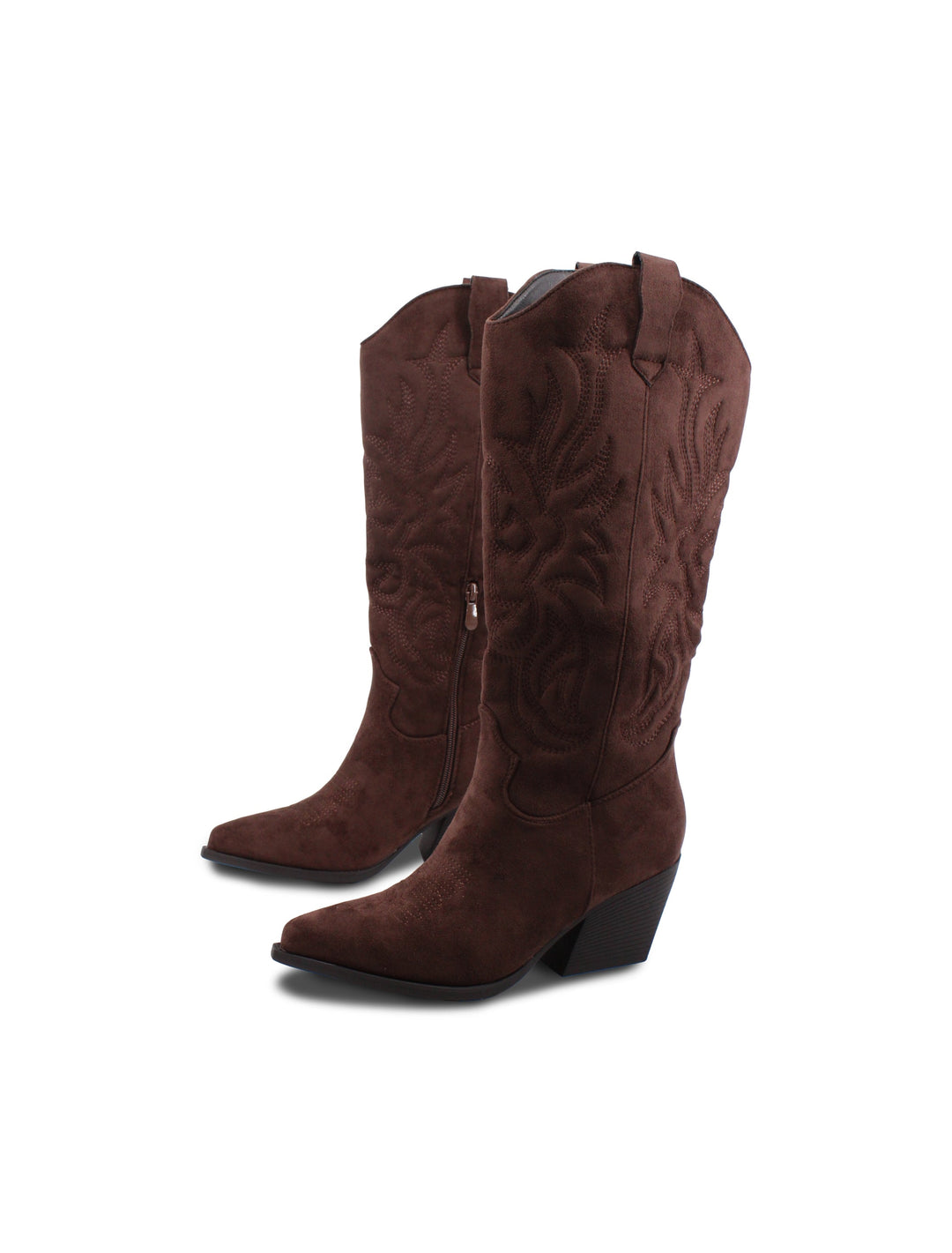 Eleganti stivali texani marroni da donna con ricami western, tacco 6,5 cm. Calzature moda autunno.