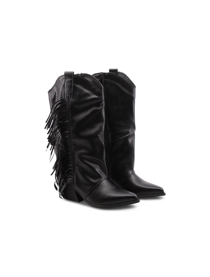 Stivali texani neri donna con frange, zip laterale e tacco 7cm. Perfetti per un look western alla moda.