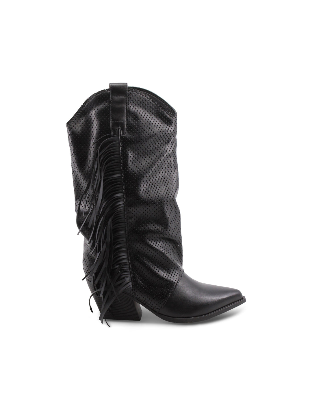 Eleganti stivali texani neri da donna con frange, ideali per un tocco western chic. Confortevoli e di tendenza.
