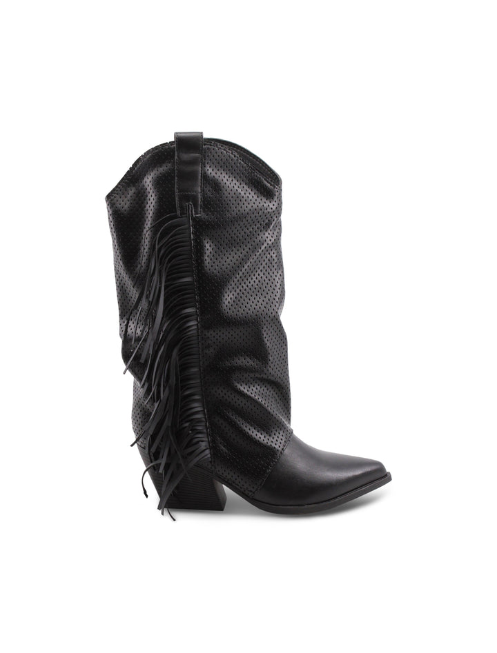 Eleganti stivali texani neri da donna con frange, ideali per un tocco western chic. Confortevoli e di tendenza.