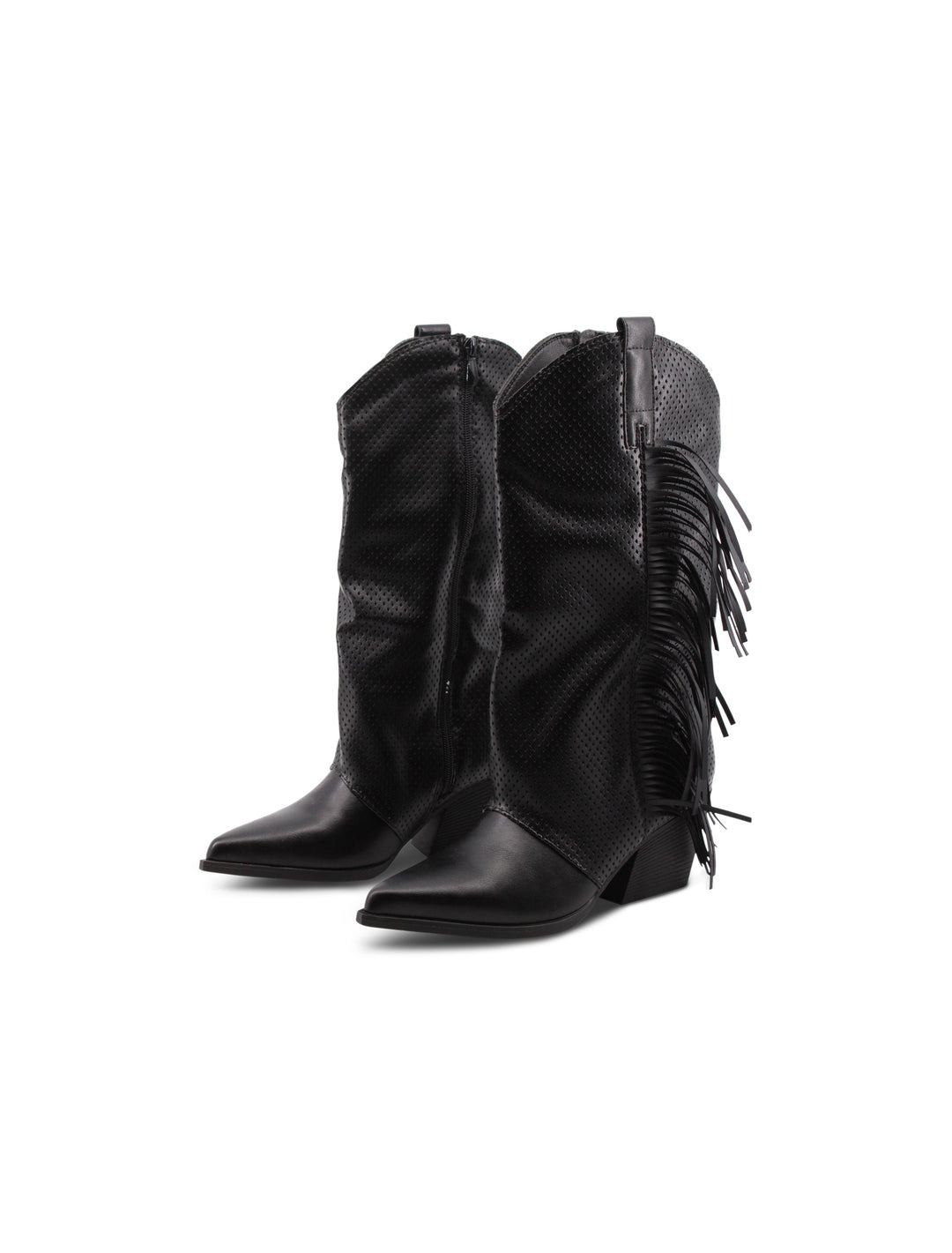 Dettaglio stivale texano nero donna con frange vibranti e chiusura zip. Stile western autentico con tacco 7cm.