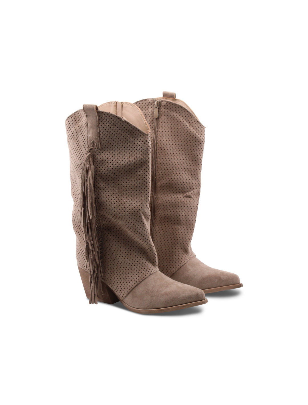 Stivali texani donna marrone chiaro con frange e tacco 7 cm. Perfetti per un look western chic autunnale.