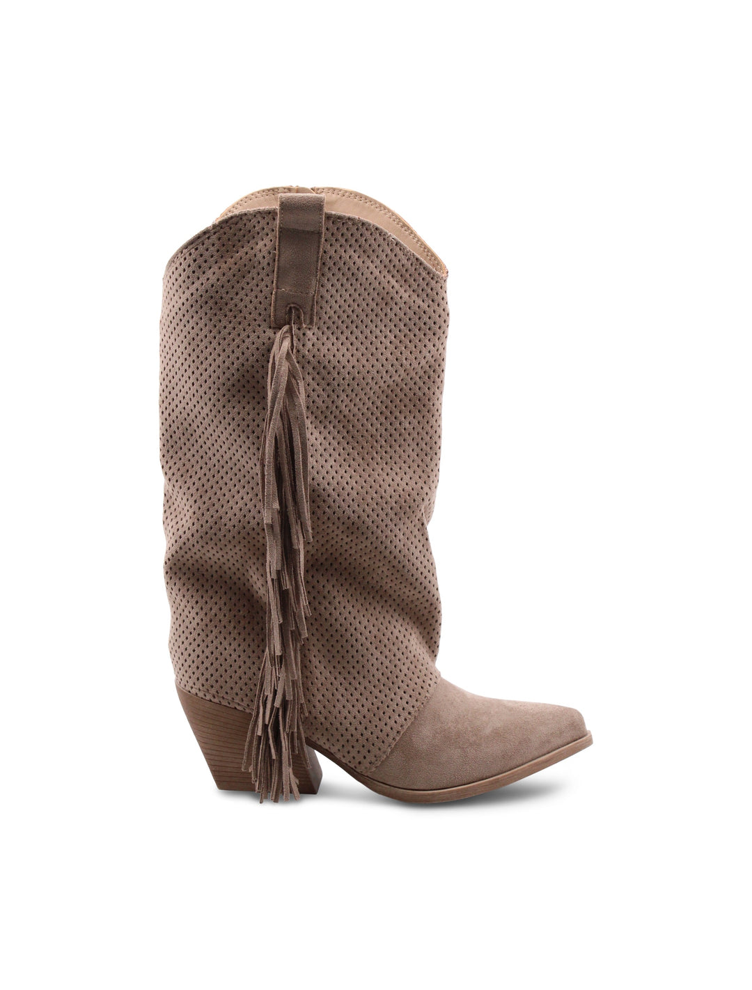 Eleganti stivali texani donna in pelle marrone chiaro, con frange e tacco. Ideali per la moda autunno-inverno.