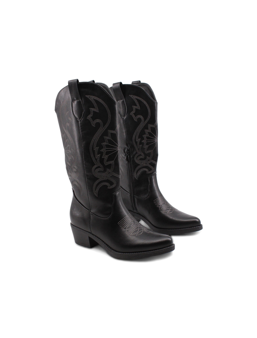 Stivali texani neri da donna con ricami e tacco comodo, perfetti per un look western alla moda.