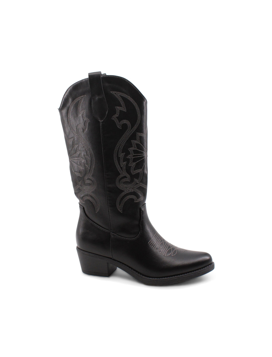 Eleganti stivali texani neri da donna con ricami western dettagliati e pratica zip laterale.
