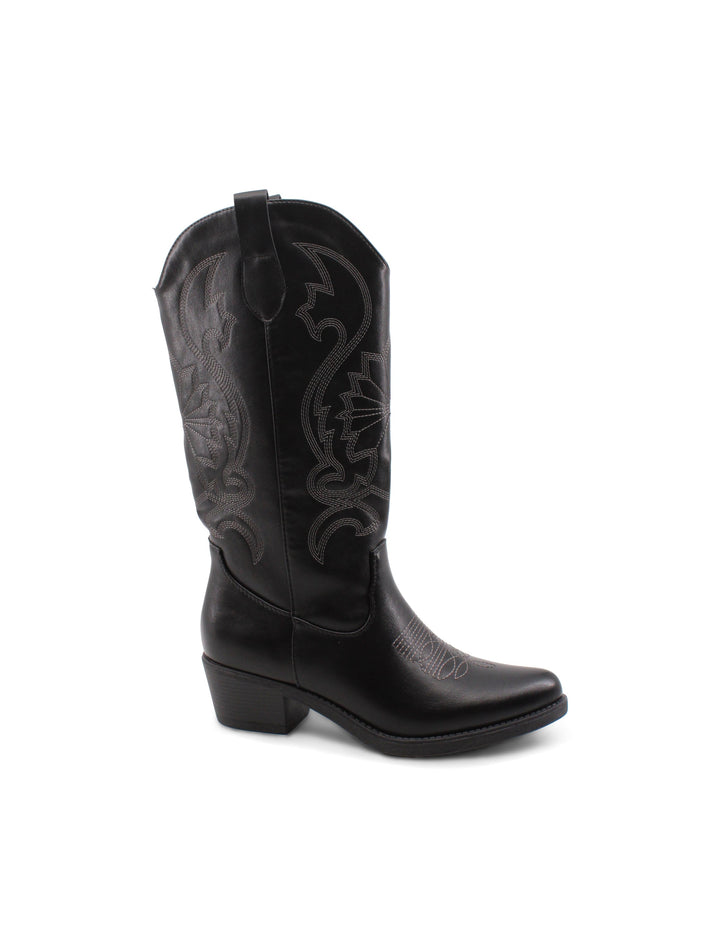 Eleganti stivali texani neri da donna con ricami western dettagliati e pratica zip laterale.