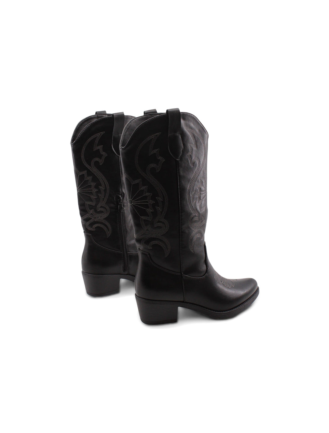 Stivali donna neri in stile texano con raffinati ricami e tacco medio per un outfit trendy e comodo.