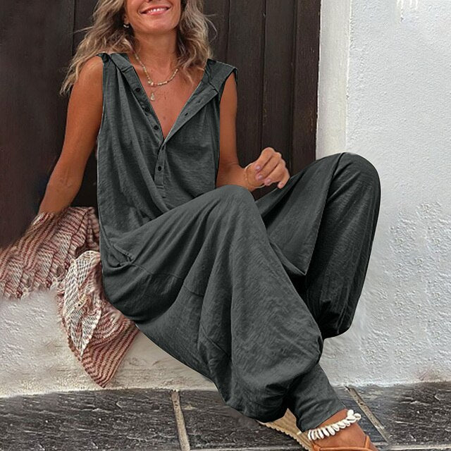 Tuta con cappuccio da donna casual a gamba larga, perfetta per comfort quotidiano e stile rilassato.