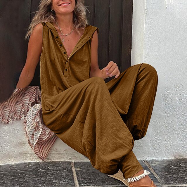 Tuta elegante casual con cappuccio per donna, a gamba larga, un monopezzo versatile per ogni giorno.