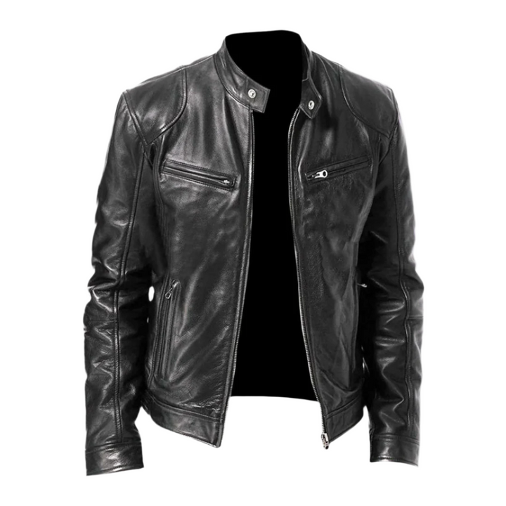 Giacca da uomo elegante autunnale con zip, tasche, stile biker. Perfetta per moda maschile casual e capospalla.