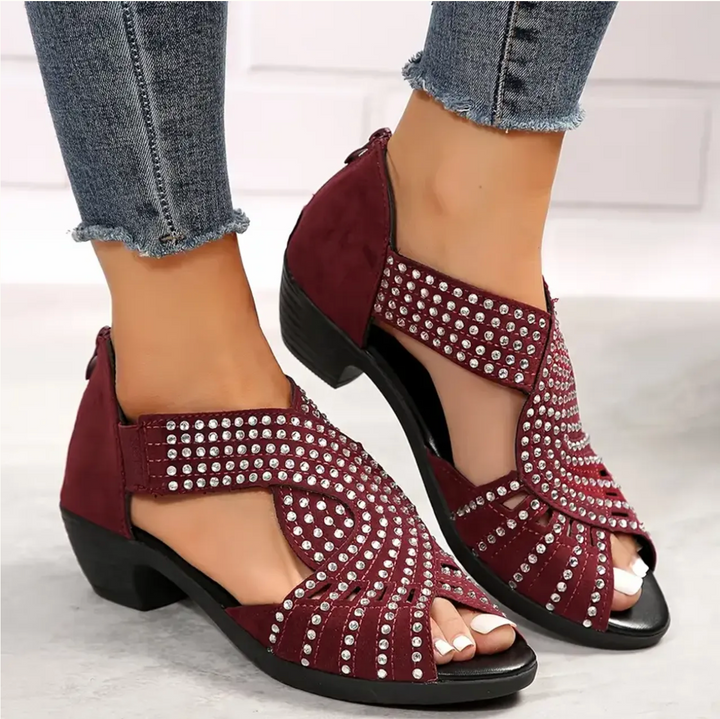 Scarpe estive donna: sandali neri traspiranti con tacco basso e supporto plantare, con cerniera.