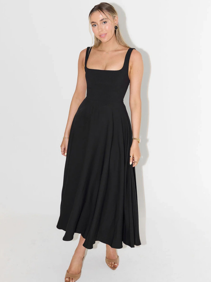Abito midi da donna con scollatura quadrata e ampia gonna a ruota. Ideale per primavera estate e autunno.