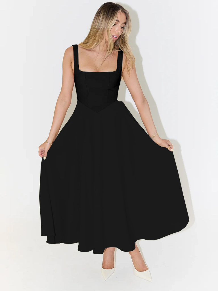 Abito midi elegante da donna con scollatura quadrata e gonna a ruota, perfetto per cerimonie e look formali.
