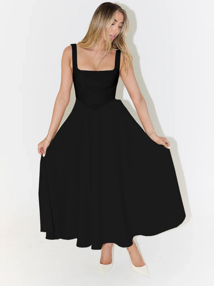 Abito midi elegante da donna con scollatura quadrata e gonna a ruota, perfetto per cerimonie e look formali.