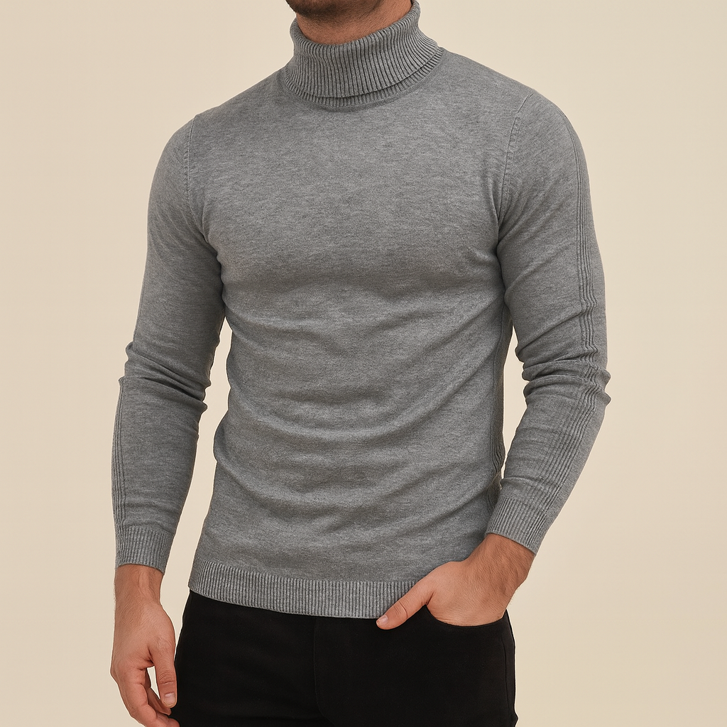 Maglione uomo nero a collo alto slim fit, ideale per l'inverno e la moda maschile casual-elegante.