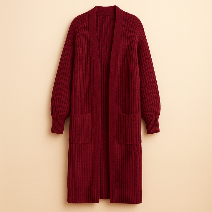 Cardigan lungo oversize aperto da donna, stile chic e comfort casual. Ideale per l'inverno e layering alla moda.