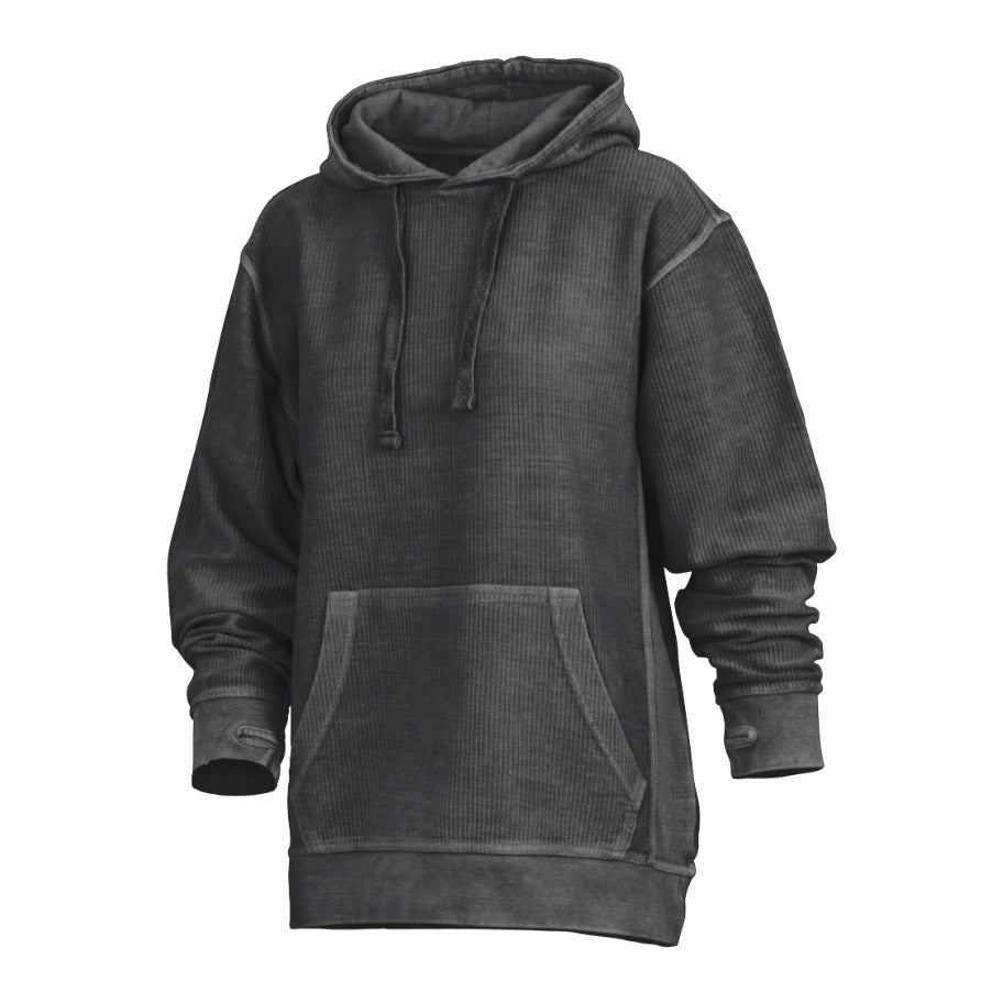 Felpa donna casual stone wash con cappuccio e fori pollici, per comfort e stile quotidiano.