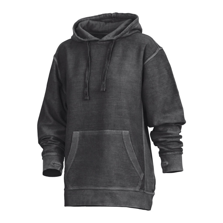 Felpa donna casual stone wash con cappuccio e fori pollici, per comfort e stile quotidiano.