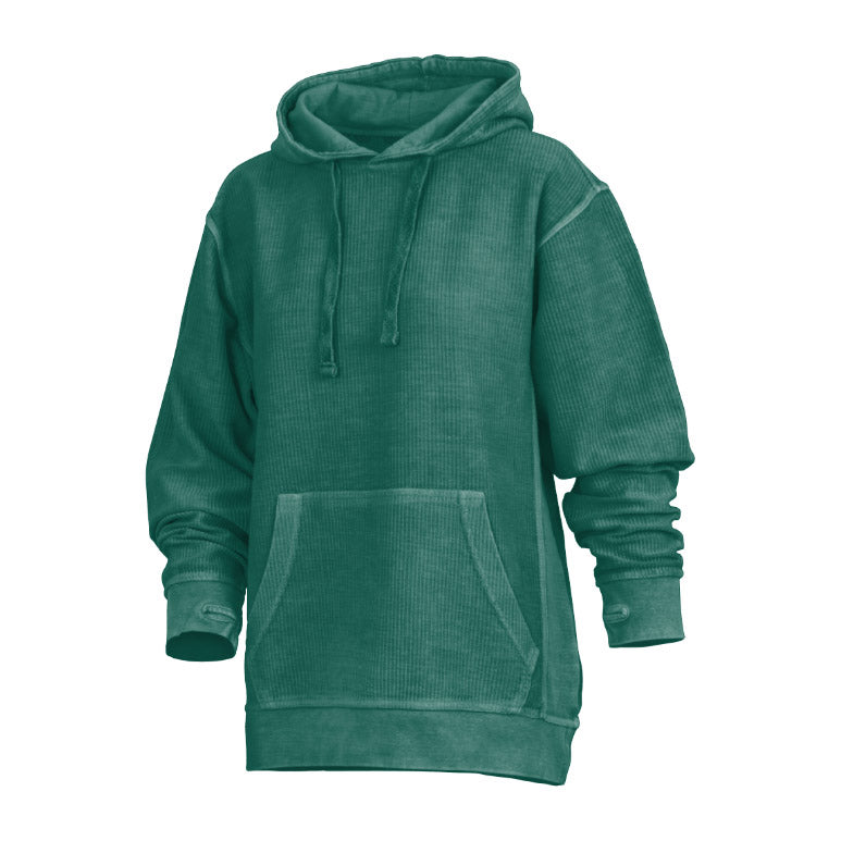 Abbigliamento donna: felpa con cappuccio stone wash e fori pollici. Stile casual e comfort garantito.